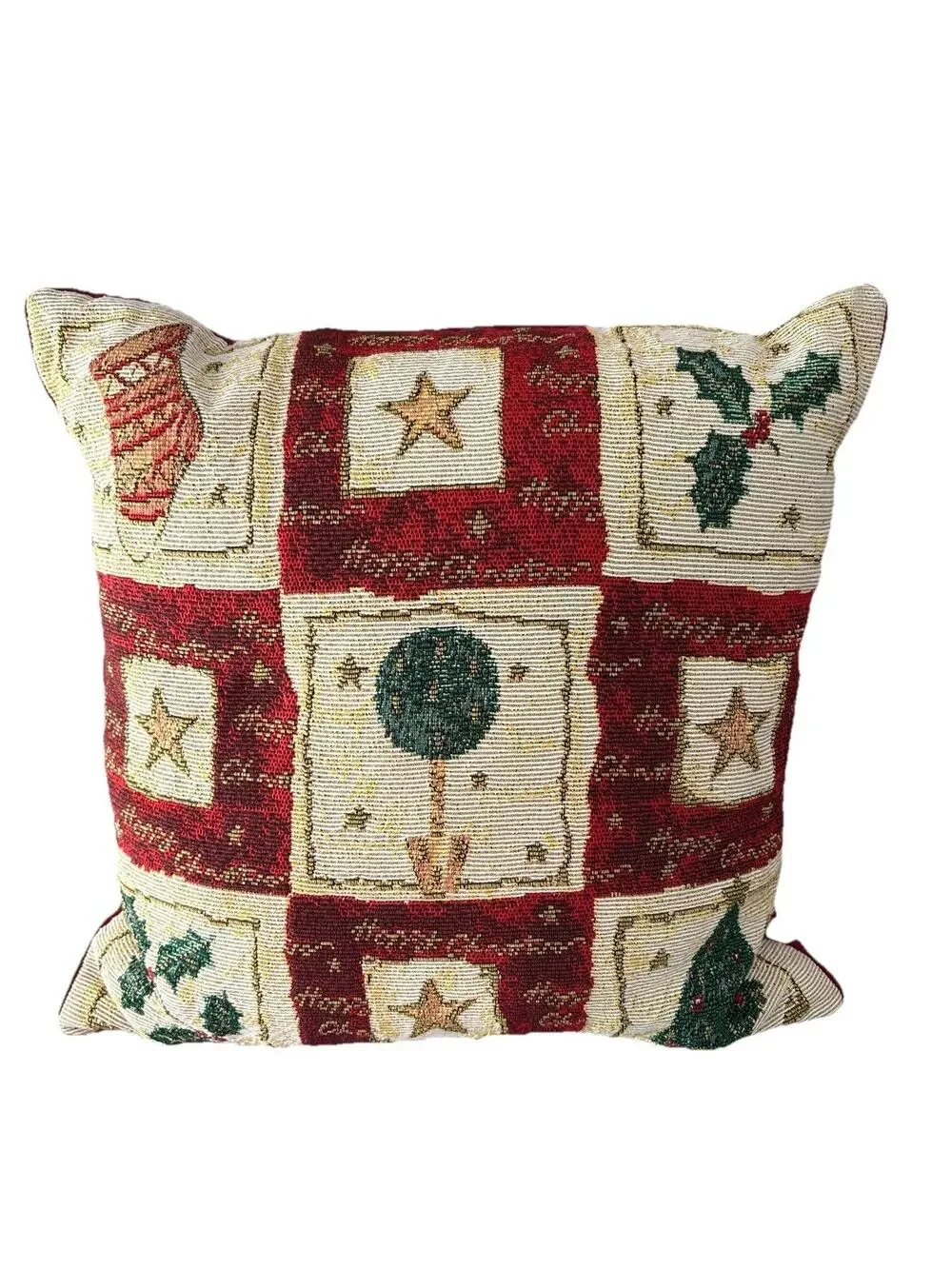 Vintage Christmas Tapestry Throw Pillow 14” Holiday Tree Star Patchwork